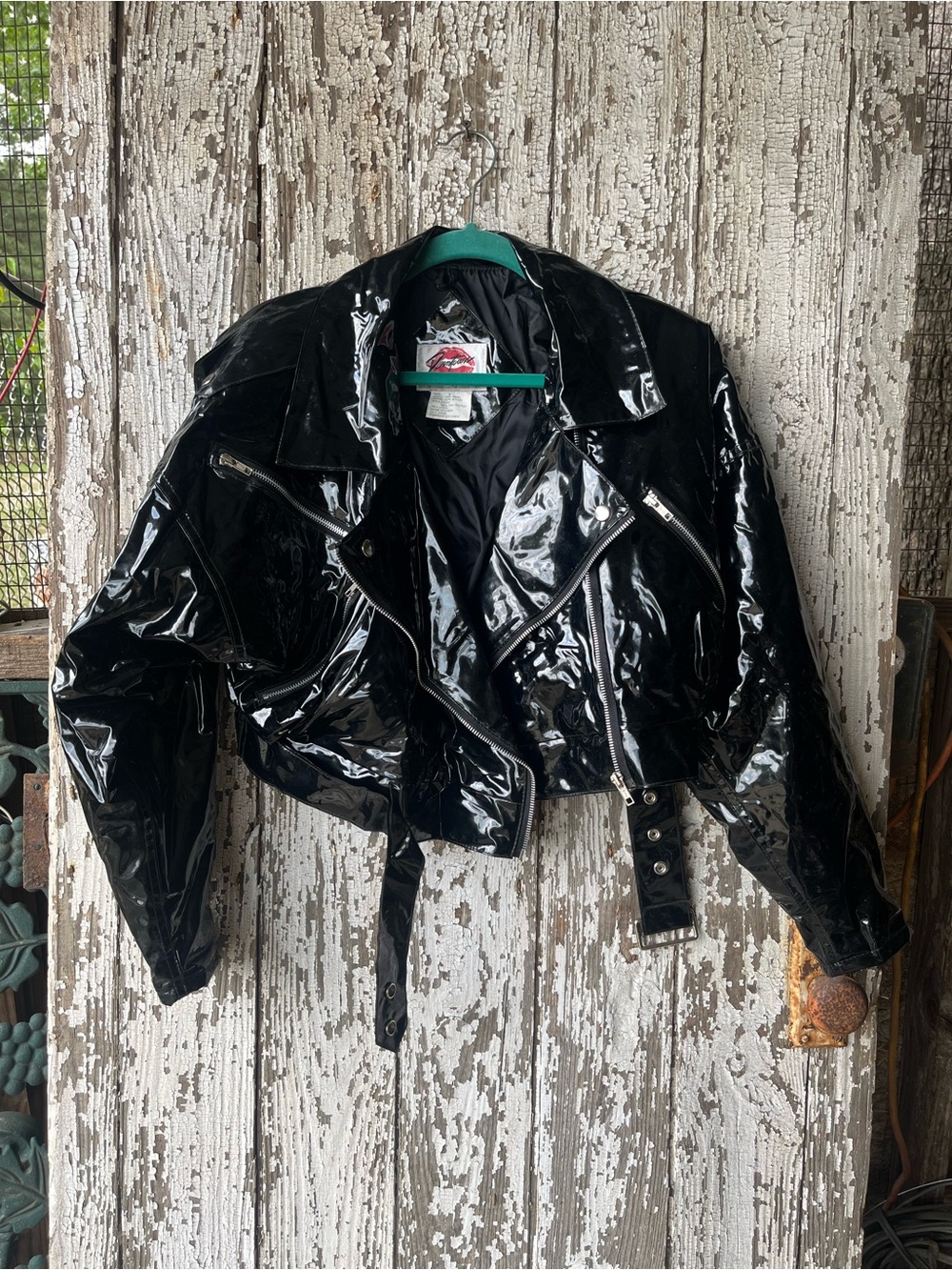 Vintage 80s Kenn Sporn Black Patent Faux-Leather Cropped Moto Jacket